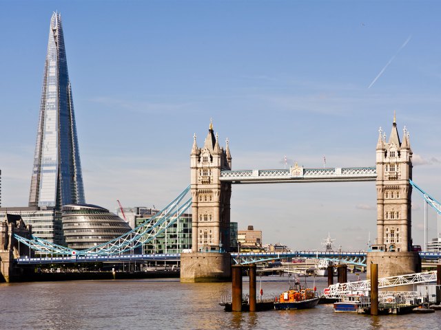 The Shard and Tower Bridge over River Thames in London, England