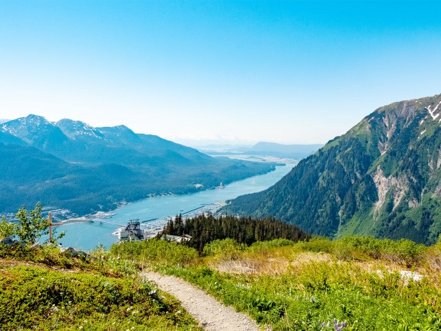 View of Juneau cityscape along water from mountaintop