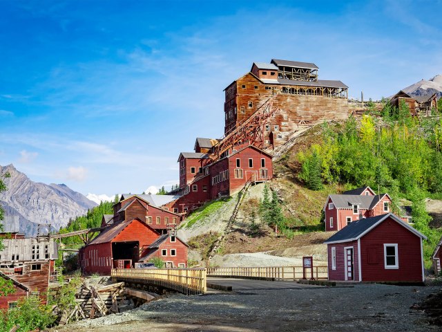 Buildings constructed on hillside in Wrangell, Alaska