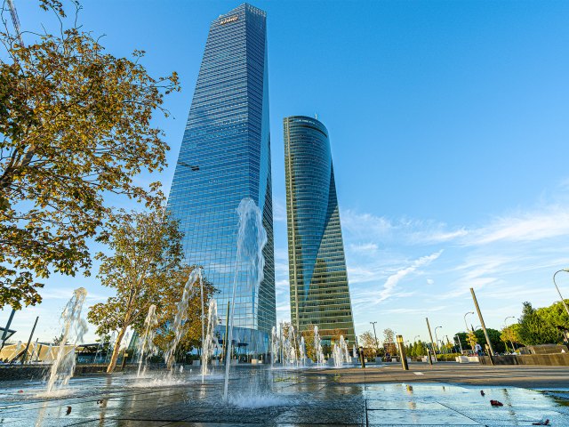 Fountains in front of Torre de Cristal in Madrid, Spain