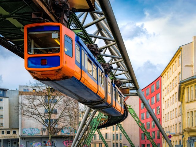Monorail car suspended over city of Wuppertal, Germany