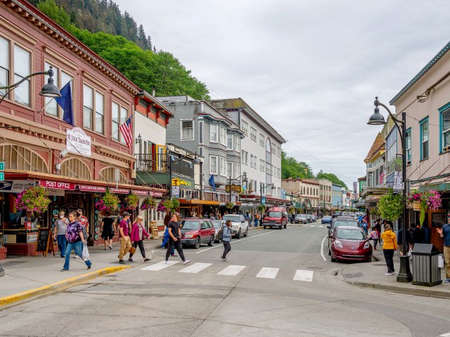 People crossing street in downtown Juneau, Alaska