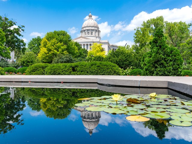 Missouri capitol reflecting onto pool in Jefferson City