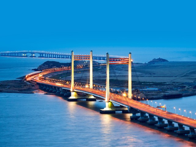 China's Donghai Bridge seen from above at dusk