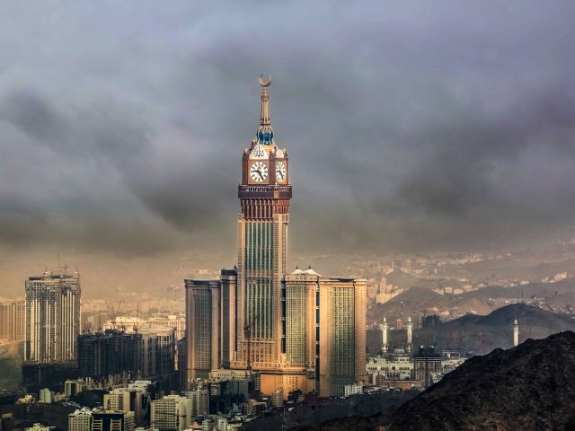 Makkah Royal Clock Tower in Saudi Arabia seen from hilltop