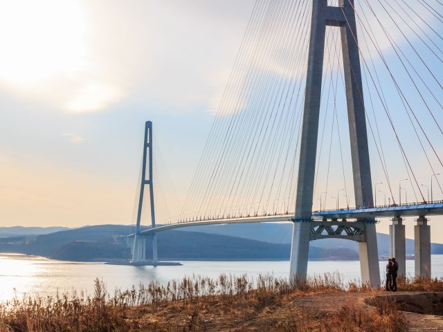 A picture of a large silver suspension bridge over a wide river