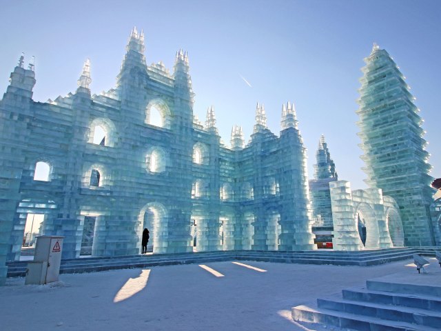 A picture of a towering structure made of frozen ice