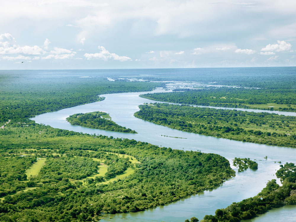 Zambezi River winding through African landscape, seen from above