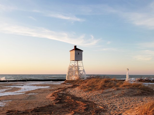 Tower overlooking sandy Lake Michigan beach