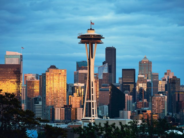 A photo of the Seattle skyline with the Space Needle in a prominent position