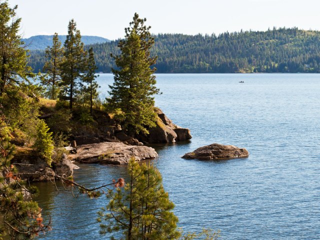 A picture of a small peninsular jutting into a large lake featuring rolling, pine tree covered hills