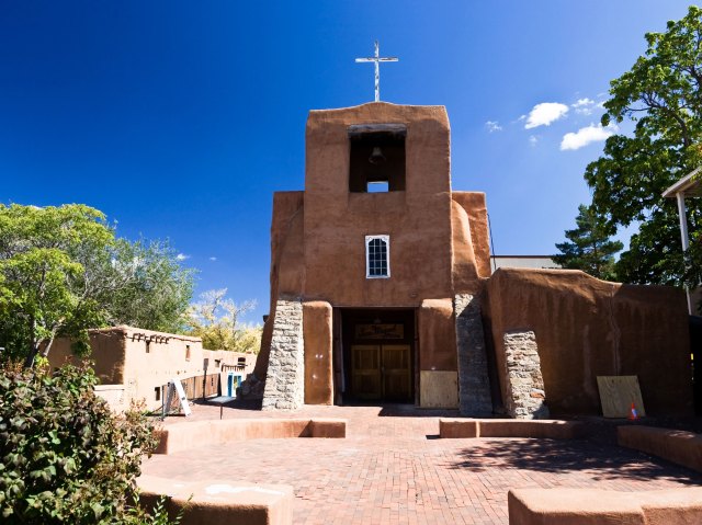 Adobe facade of New Mexico's San Miguel Chapel