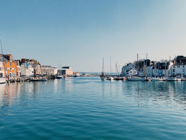 A view of a tranquil harbor where several sailboats are docked