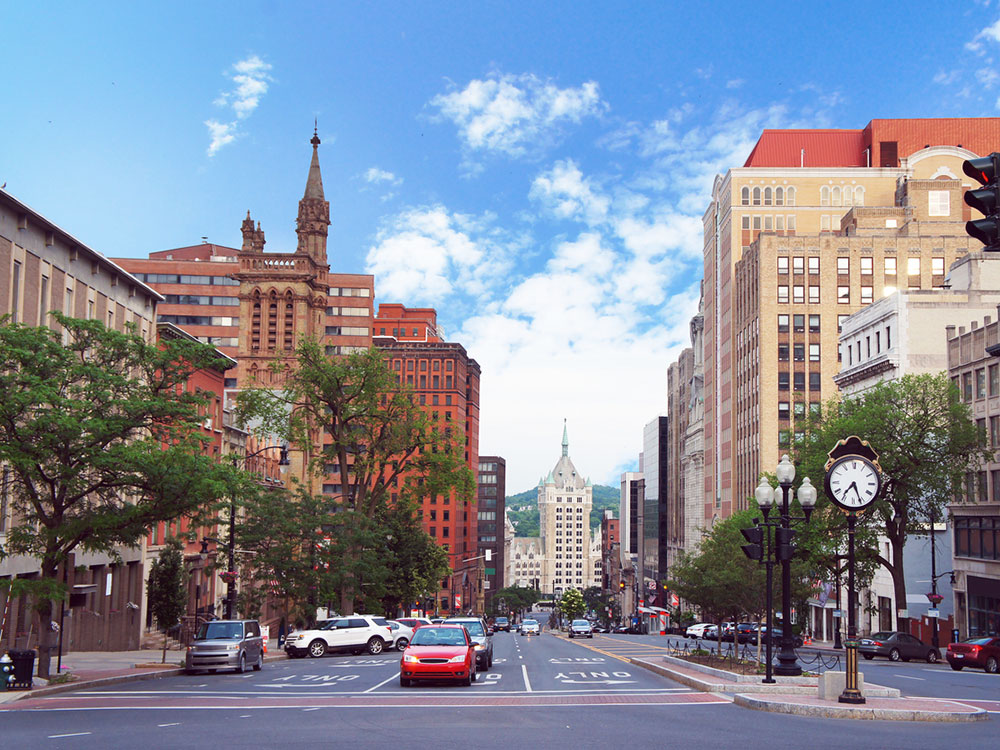 A photo of the buildings of downtown Albany