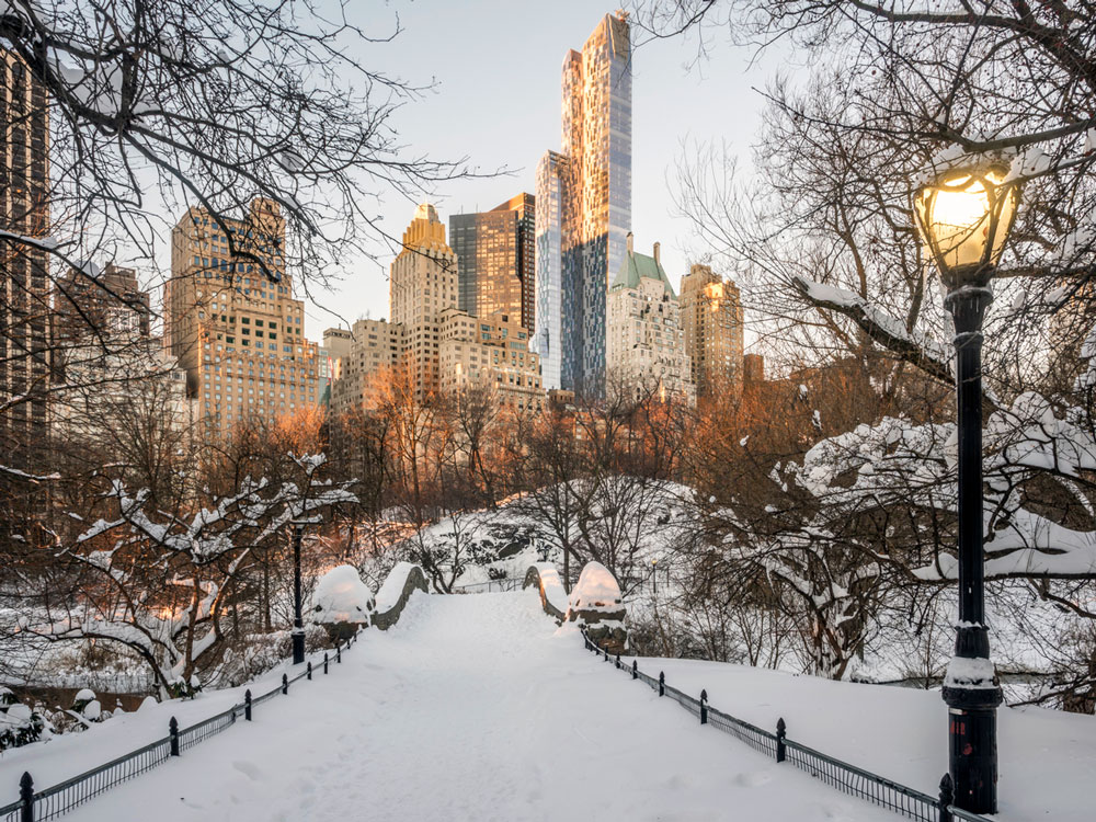 View of Manhattan, New York skyline from Central Park in winter