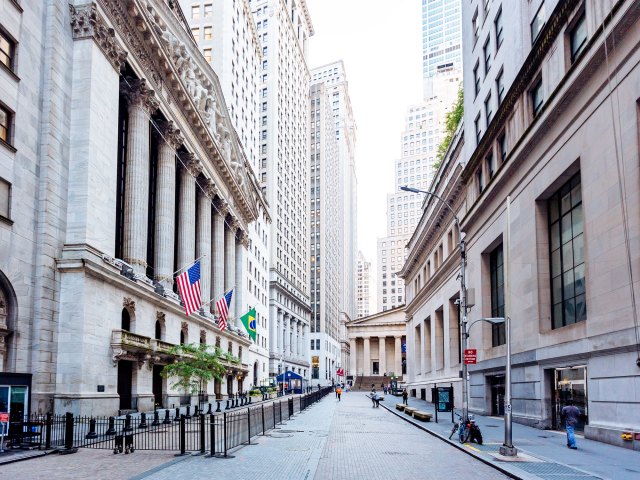 View of empty Wall Street in New York City