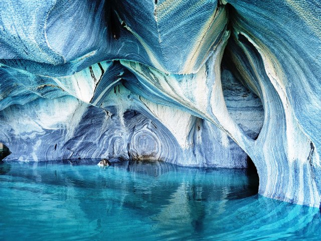 Striking blue walls seen from inside the Marble Caves of Chile