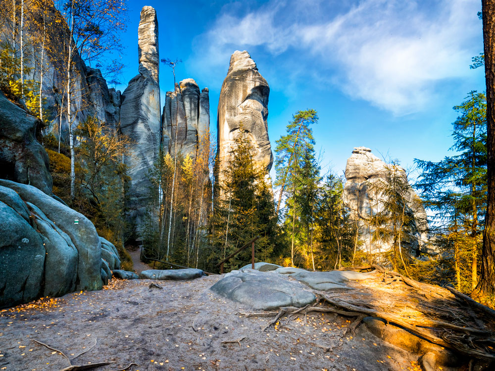 Looking up at the unusually shaped Adršpach-Teplice Rocks in Czechia