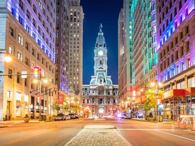 Downtown Philadelphia with view toward City Hall at dusk