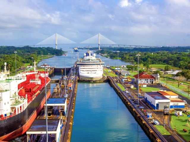 Aerial view of ship in the Panama Canal