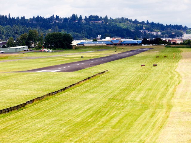 Aerial view of single runway at Pearson Field in Vancouver, Washington