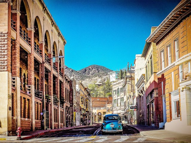 Main Street of Bisbee, Arizona, with mountains in background