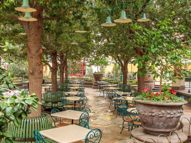 Patio with empty tables and chairs at Disneyland in Anaheim, California