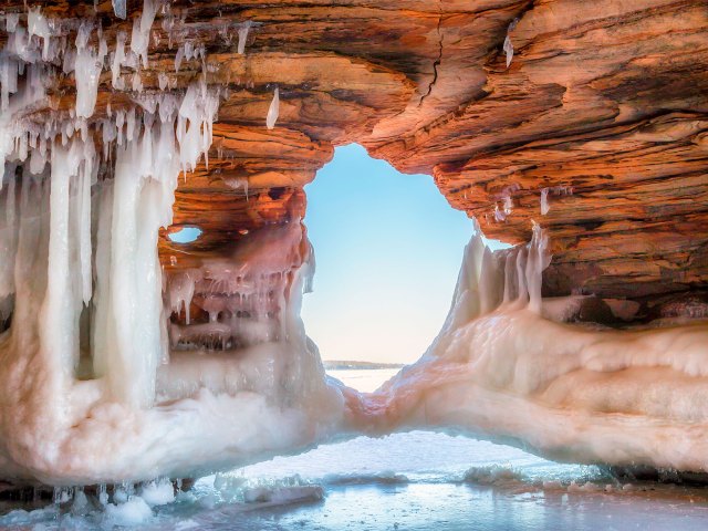 View from inside the Apostle Islands ice caves in Wisconsin