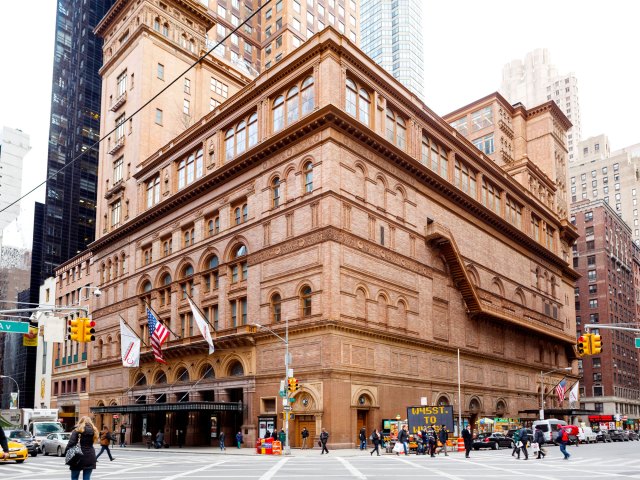 Brick exterior of Carnegie Hall in Manhattan, New York City