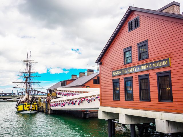 Exterior of Boston Tea Party Ships & Museum with historic ship at dock
