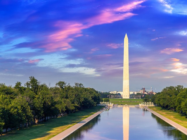 View of Washington Monument in Washington, D.C., at sunset