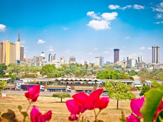 Skyline of Nairobi, Kenya, framed by red flowers
