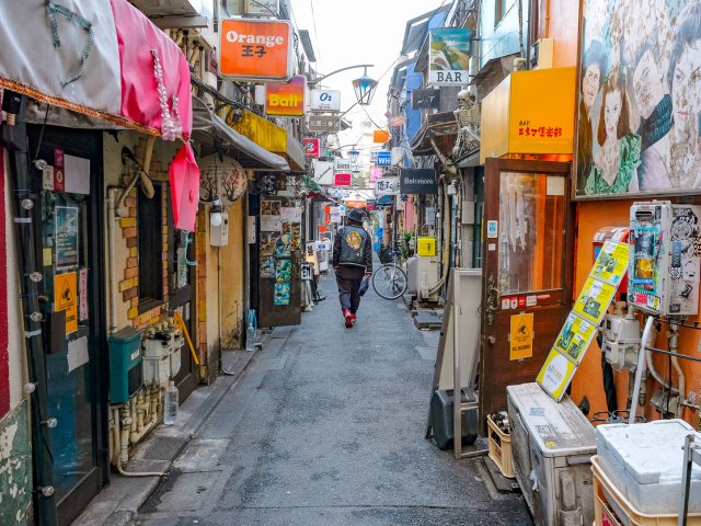 Narrow alleyway in Tokyo's Golden Gai neighborhood