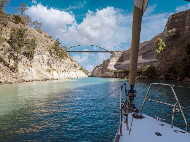 Boat navigating Corinth Canal in Greece