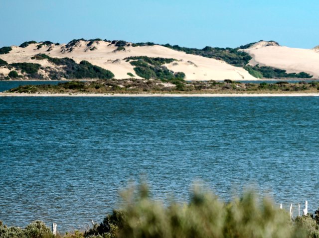View of the Coorong across body of water in Australia