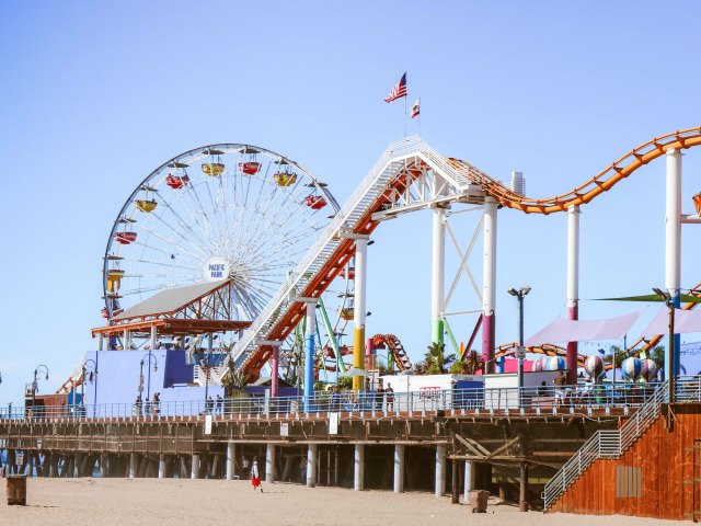 Ferris wheel and roller coaster on Santa Monica Pier