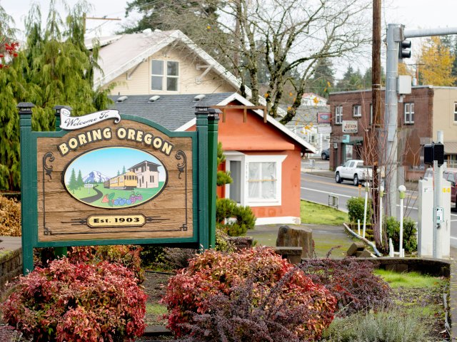Welcome sign for Boring, Oregon