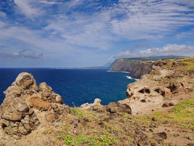 Rugged cliffs and coastline of Molokai island in Hawaii