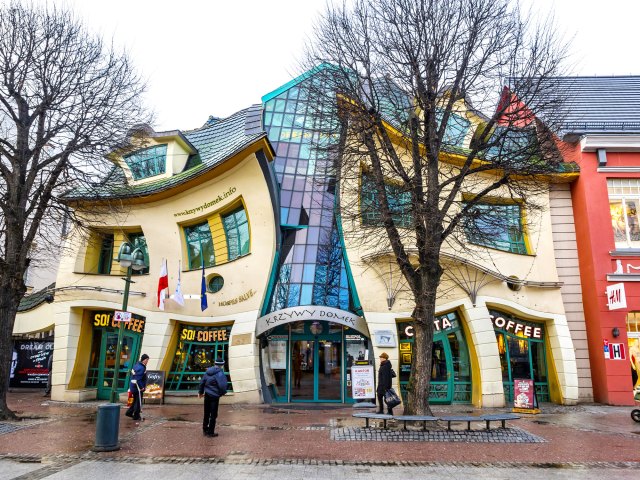 Whimsical exterior of the "Crooked House" in Sopot, Poland
