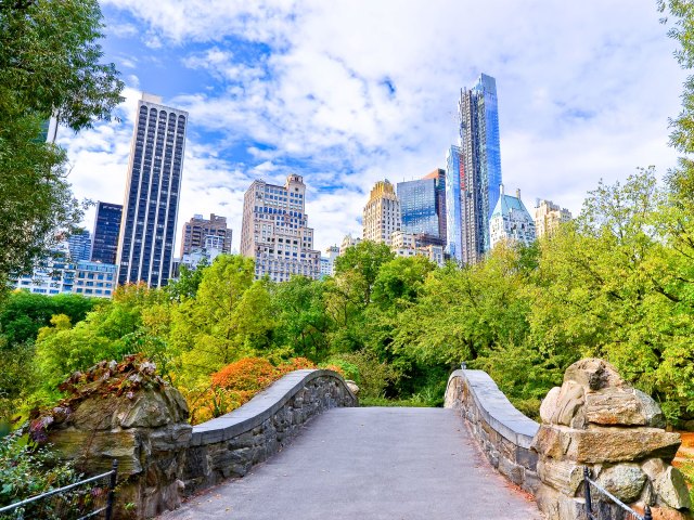 Bridge in New York City's Central Park with skyscrapers in background