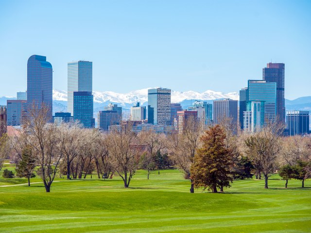 View of Denver skyline and Rocky Mountains from grassy park