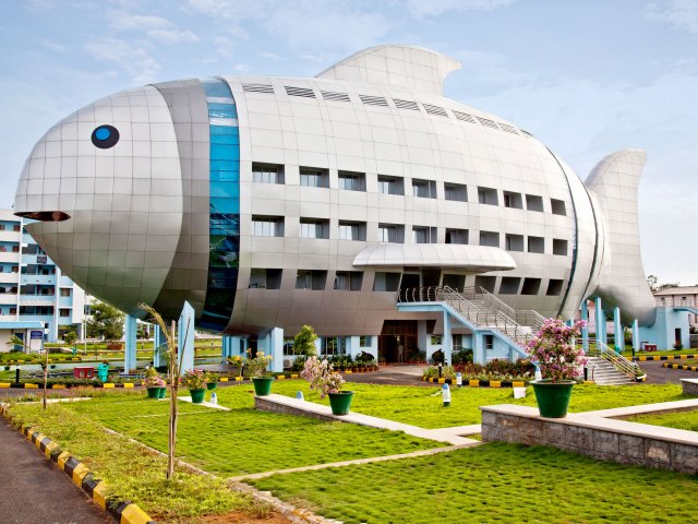 Building shaped like a giant silver fish in Hyderab