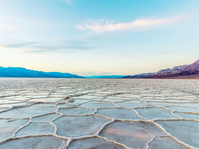 Cracked white surface of Badwater Basin in Death Valley National Park, California