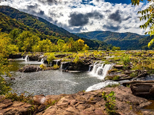 Waterfalls along New River in New River Gorge National Park and Preserve in West Virginia