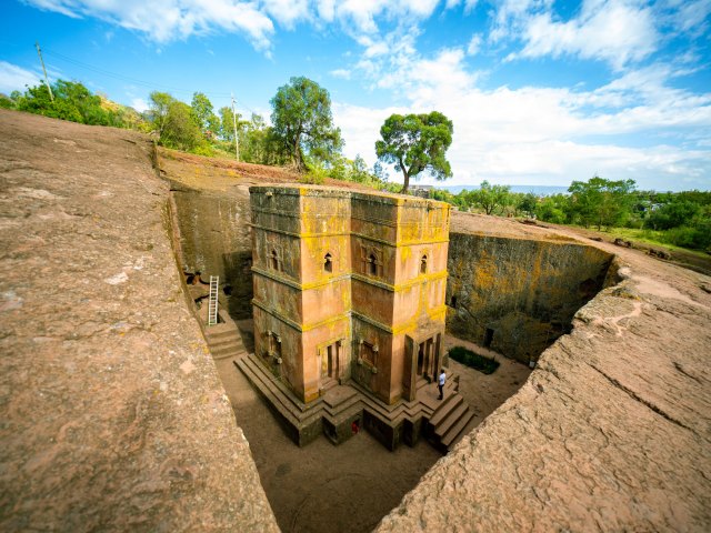 Rock-hewn church partially underground in Lalibela, Ethiopia 