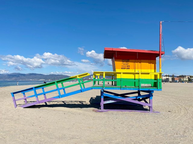 Rainbow-painted lifeguard tower on Venice Beach