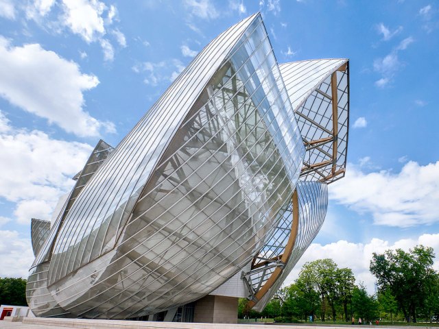 Geometric, abstract exterior of the Louis Vuitton Foundation in Paris