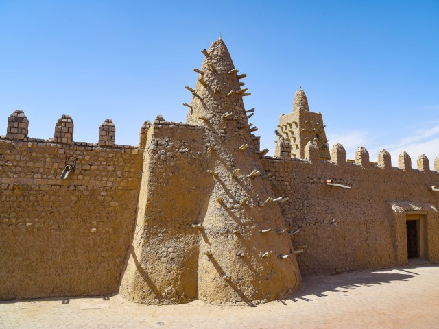 Mud-brick walls of Djingareyber Mosque in Mali