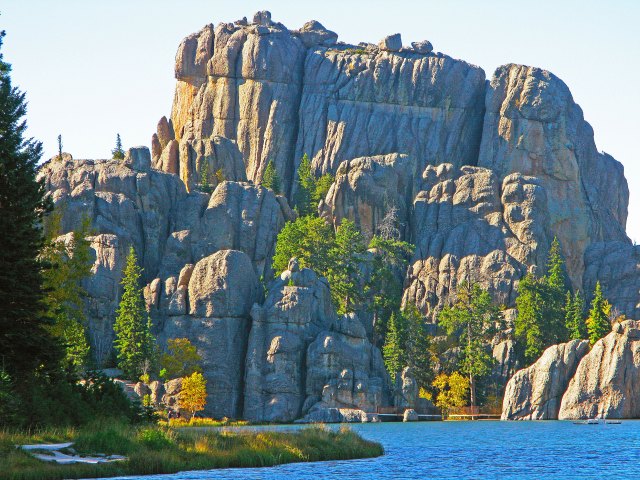 Dramatic rock formation and lake in Custer State Park in South Dakota