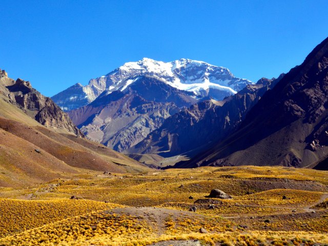 View of Mount Aconcagua from valley in Argentina